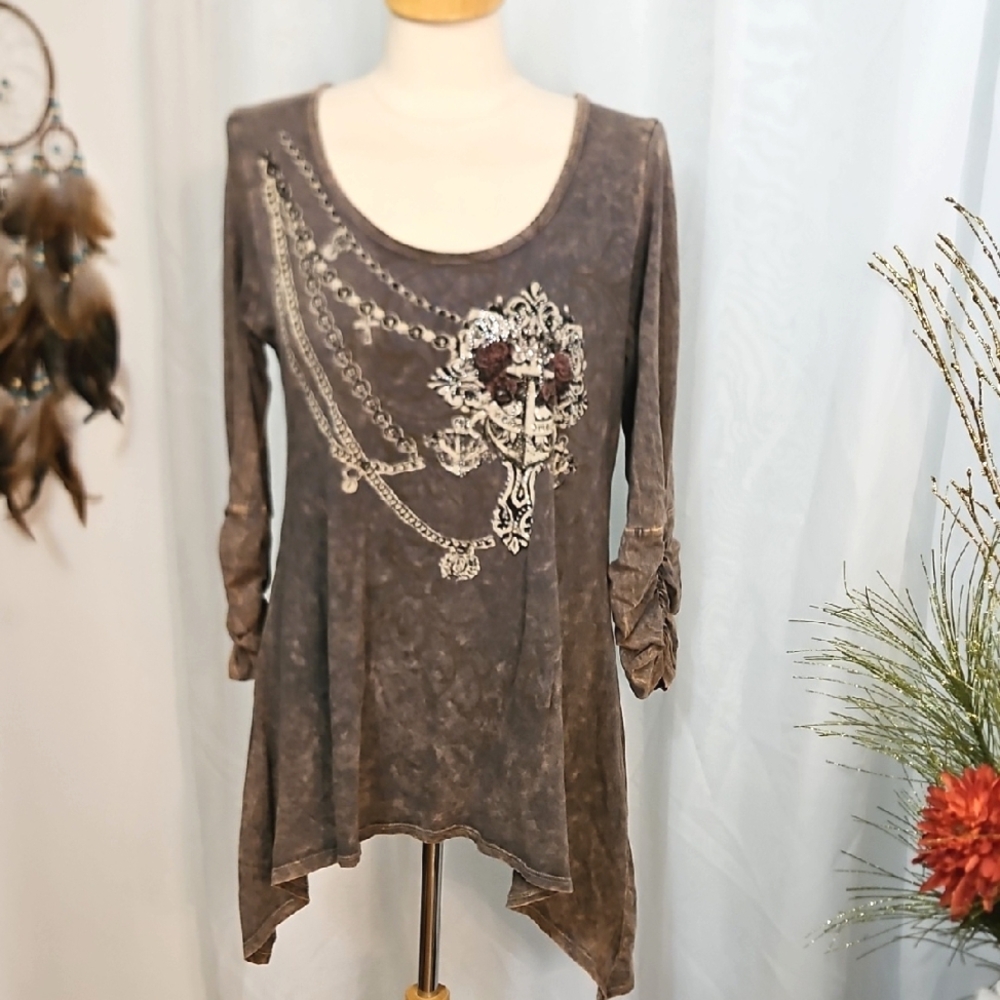 Embellished Asymmetrical Acid Washed Top